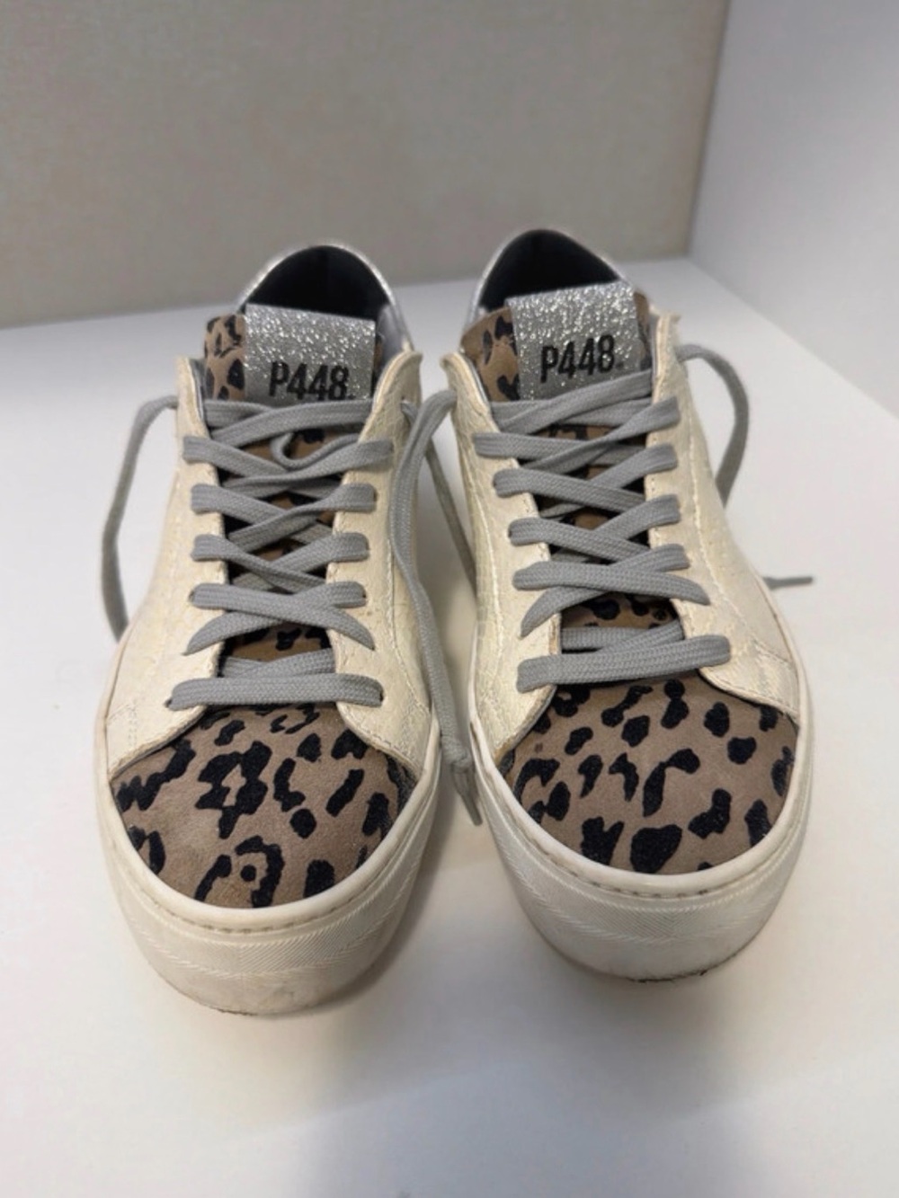 P448 Beige Leather Sneakers with Leopard Print Toe and Silver Glitter Tongue